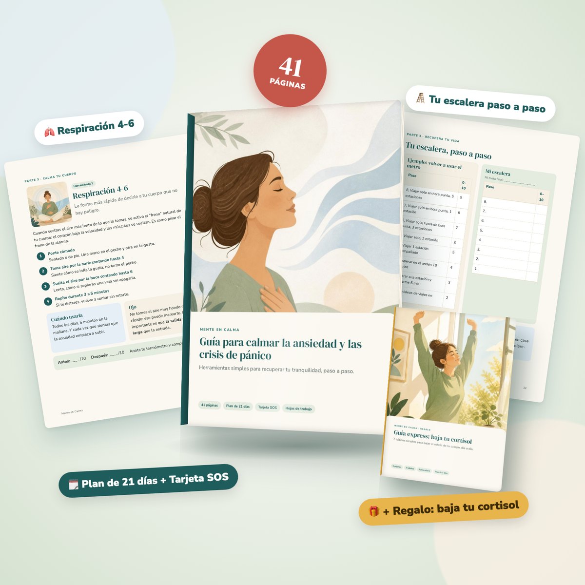 Guía Mente en Calma: 41 páginas, respiración 4-6, escalera paso a paso, plan de 21 días y regalo para bajar el cortisol
